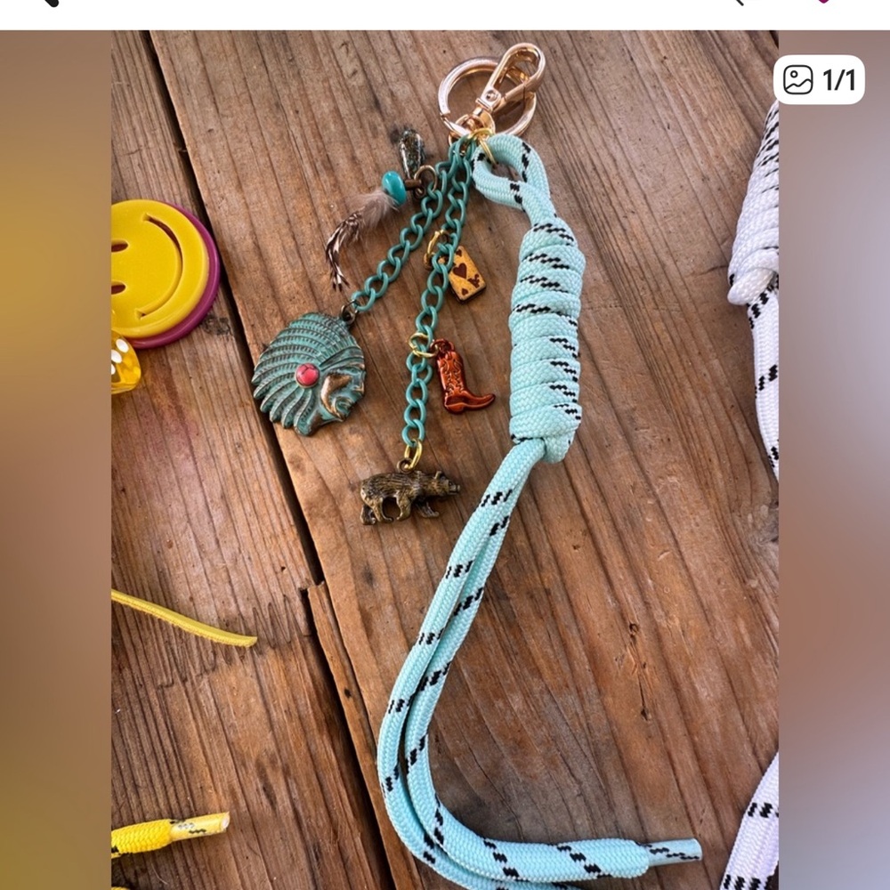 Paracord keychain with bear and cowboy boots and chief head turquoise bag charm
